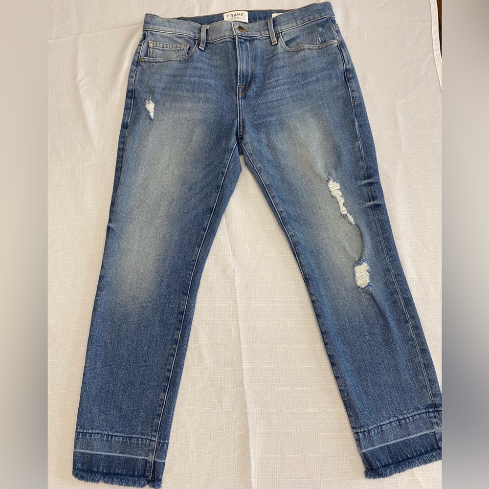 Frame Denim Women's Straight Leg Jeans in Medium Blue Distressed